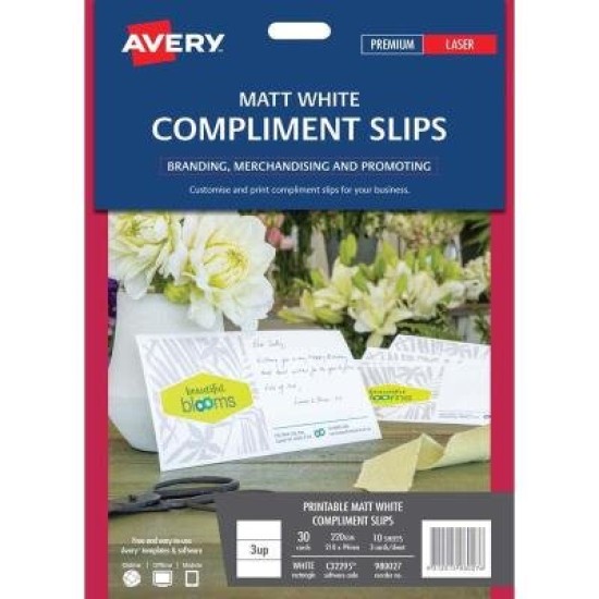 Avery Compliment Card C32295 Matt White D/S 3 Up 10 Sheets Laser 210x99mm