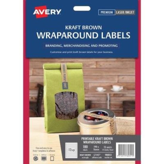 Avery Label L7145 Wrapround Kraft 12 Up 15 Sheets Laser Inkjet 190x16mm