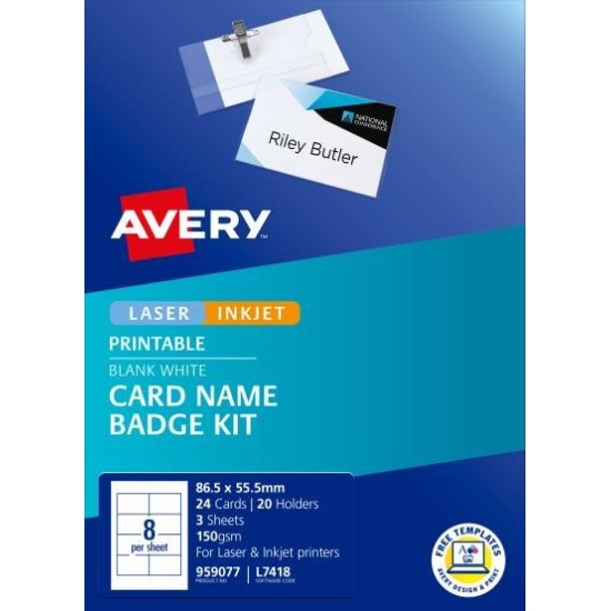 Avery Card Name Badges Kit 86.5x55.5mm 8up 3 Sheets Inkjet Laser