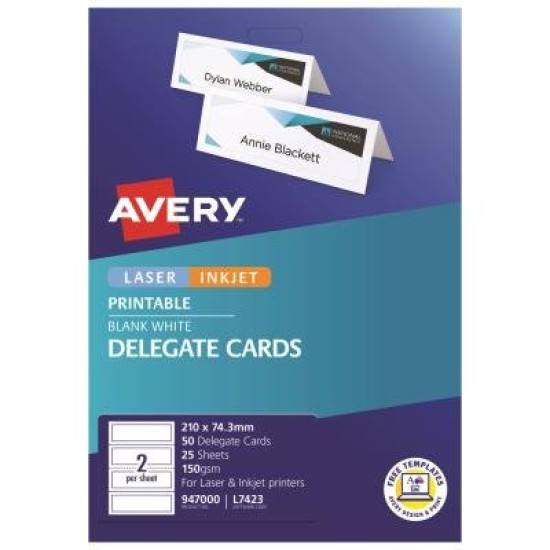 Avery Delegate Cards 210x74.3mm 50 Cards 25 Sheets Inkjet Laser