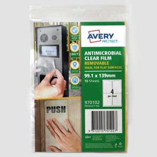 Avery Protect Anti-Microbial Film Removable A4 4up 10 Sheets