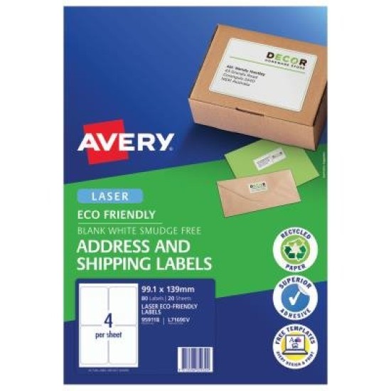 Avery Eco Friendly Address Labels 99.1x139mm 4up 20 Sheets