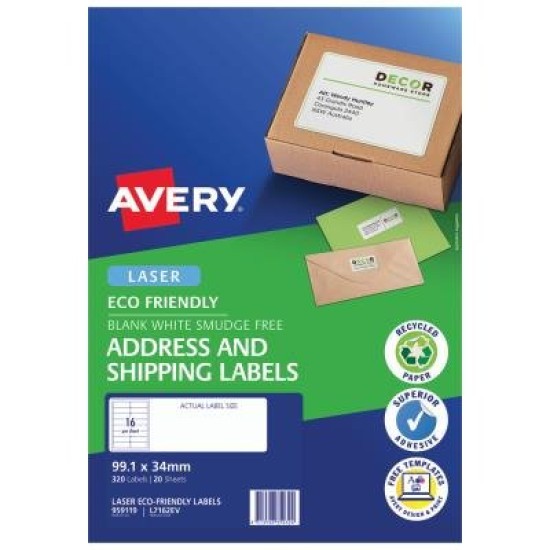 Avery Eco Friendly Address Labels 99.1x34mm 16up 20 Sheets