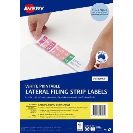 Avery Lateral Filing Labels 4up 100 Sheets 220x42mm L7174replaces C2700044