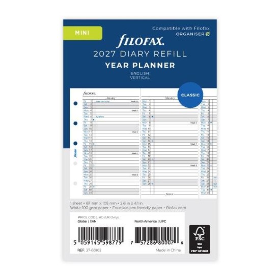 DIARIES 2027 Filofax Refill Classic Year Planner Vertical Mini 2027 page: 8