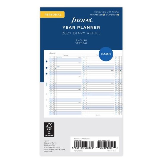DIARIES 2027 Filofax Refill Year Planner Vertical Personal 2027 page: 8