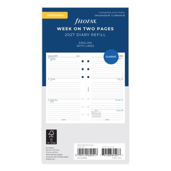 DIARIES 2027 Filofax Refill Classic Week To View Ruled Personal 2027 page: 8