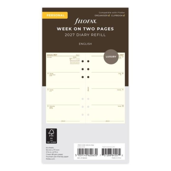 DIARIES 2027 Filofax Refill Classic Week To View Personal Cotton Cream 2027 page: 8