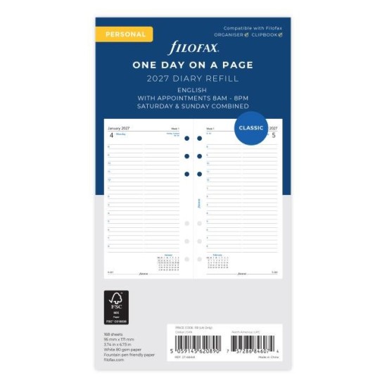 DIARIES 2027 Filofax Refill Classic Day Per Page With Appointments Personal 2027 page: 8