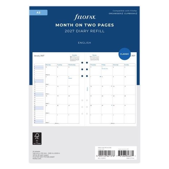 DIARIES 2027 Filofax Refill Classic Month To View A5 2027 page: 8