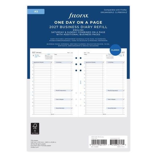 DIARIES 2027 Filofax Refill Business Day Per Page A5 2027 page: 8