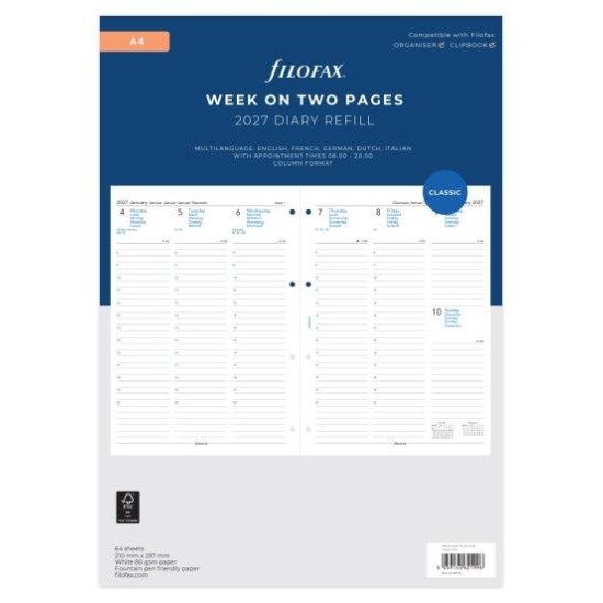 DIARIES 2027 Filofax Refill Classic Week To View With Appointments Vertical A4 ML 2027 page: 8