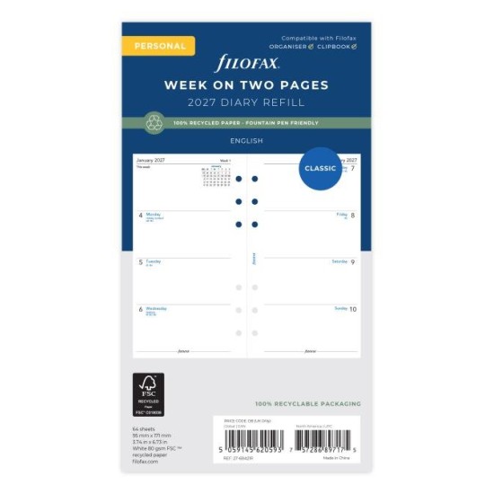 DIARIES 2027 Filofax Classic Refill Recycled Week to View Diary Personal 2027 page: 8