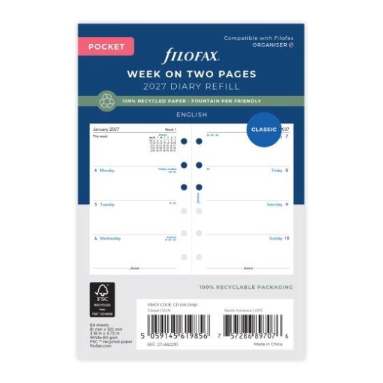 DIARIES 2027 Filofax Classic Refill Recycled Week to View Diary Pocket 2027 page: 8