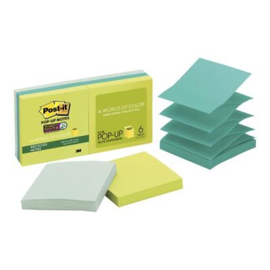Post-it Rec Super Sticky Pop Up Notes R330-6SST 76x76mm Oasis (Bora), Pack of 6