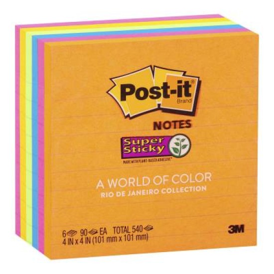 Post-it Super Sticky Lined Notes 675-6SSUC 101x101mm Energy (Rio), Pack of 6