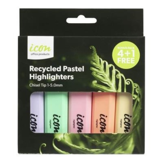 Icon Recycled Highlighter Chisel Tip 4+1 Bonus Pack, Pastel