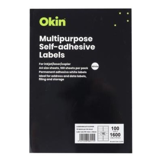 Okin Multipurpose Labels 16 Per Sheet 99.1x34mm, Pack of 100