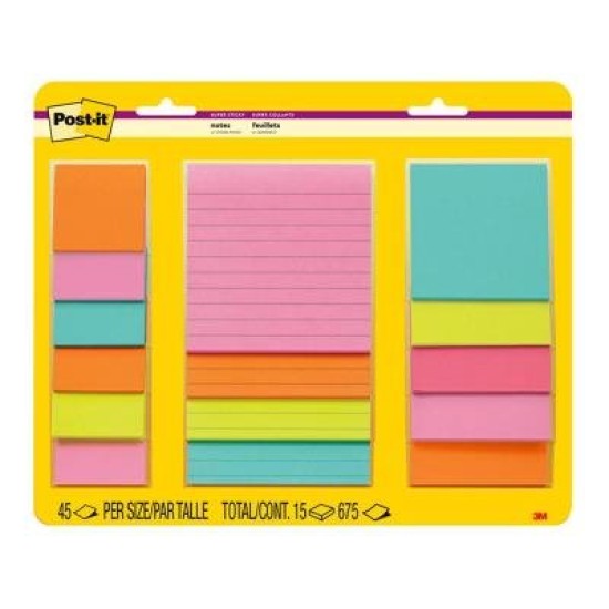 Post-it Super Sticky Notes 4423-15SSMIA Supernova Neons Combo, Pack of 15