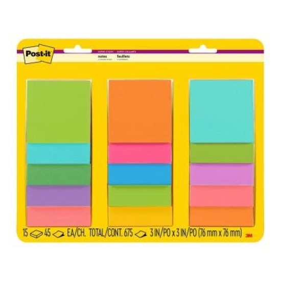 Post-it Super Sticky Notes 654-15SSMULT12 76x76mm Bright, Pack of 15