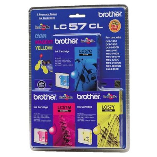 Brother ink cartridge lc57cl3pk cyan/magenta/yellow 3 pack