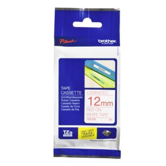 BROTHER TAPE PTOUCH TZE232 12MM RED ON WHITE 8M