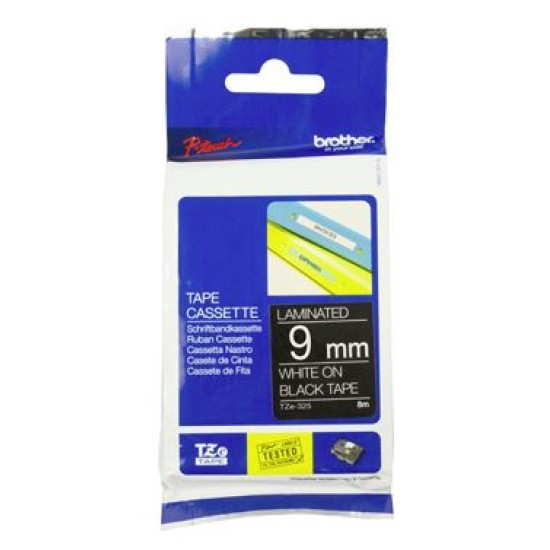 Brother TZe325 9mm WHITE ON BLACK Labelling Tape