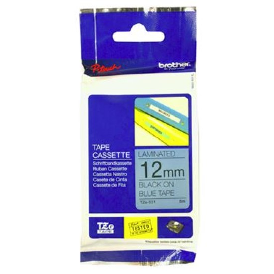 Brother TZe-531 Labelling Tape Cassette – Black on Blue, 12mm wide