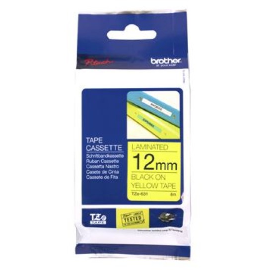 BROTHER TAPE PTOUCH TZE631 12MM BLACK ON YELLOW 8M