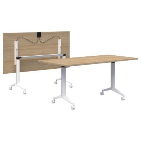 Boost Flip Table  1500x750mm Classic Oak/White. Simple flip mechanism. Mobile. 15 Yr Warranty