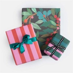 Holly Berries & Multi Stripe - Double Sided Christmas Wrap