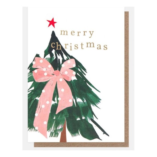 Tree With Pink Spotty Bow 6 Pkt - Christmas Card Pack