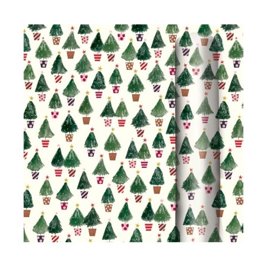 Painted Trees With Patterned Pots - Christmas Roll Wrap 5 Mtrs